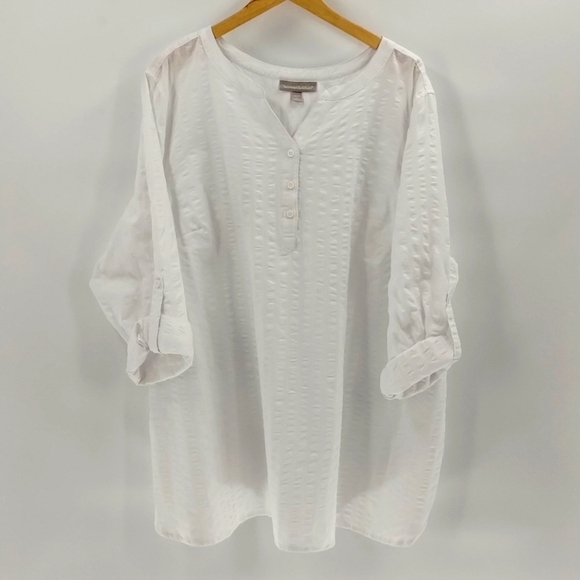 Woman Within blouse solid white size 2X textured button front roll sleeve - Picture 1 of 10